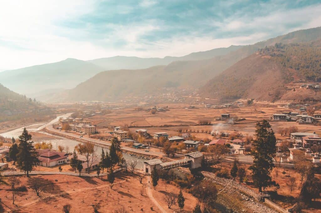 aerial view of town in bhutan