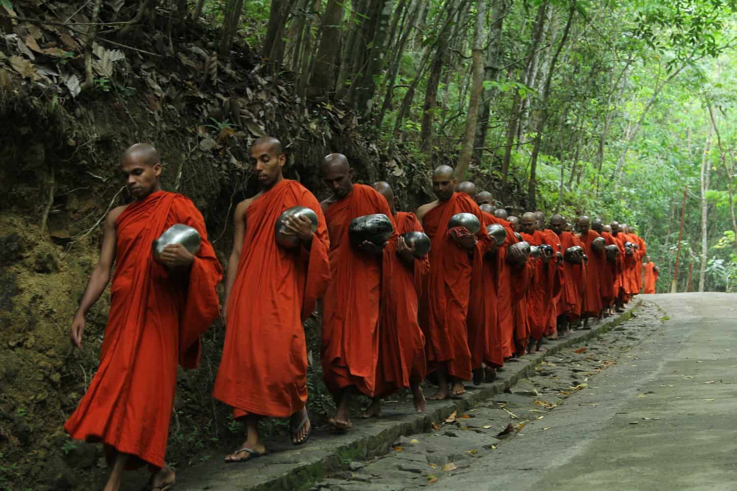 monks fall inline on sidewalk. sages of sivarna theory.