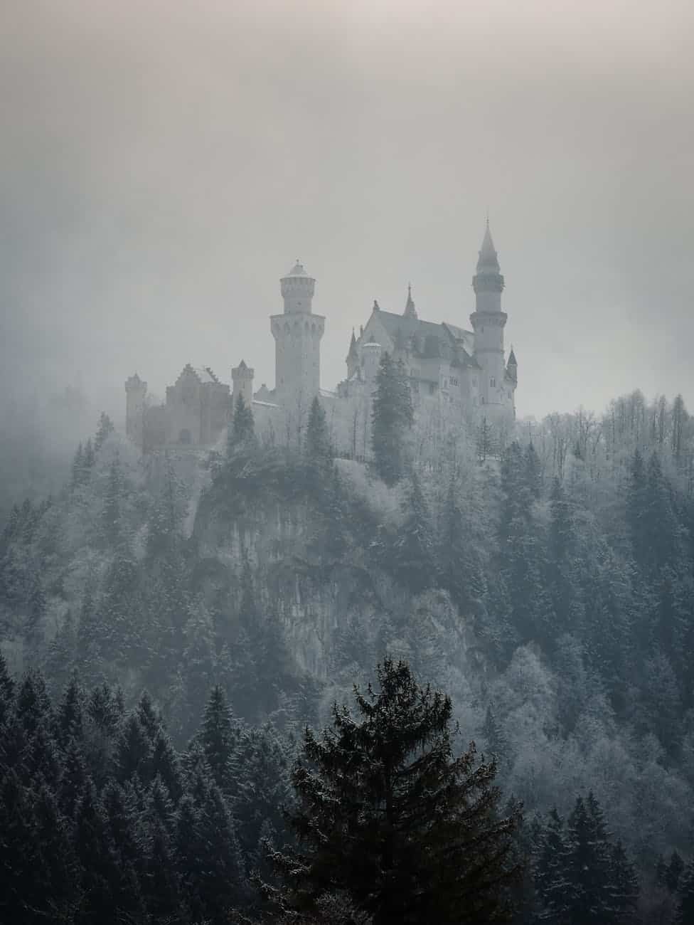 white and gray castle on top of mountain
