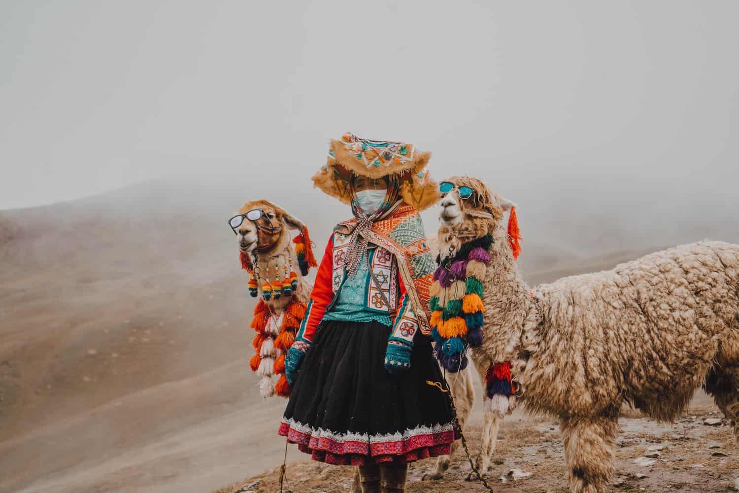 woman in traditional clothing standing on a hill with two alpacas