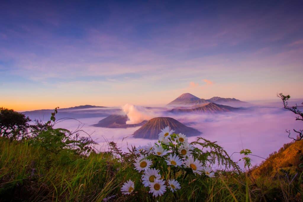 Mount Bromo Peak above Clouds at Sunset in Java, Indonesia easy java itinerary