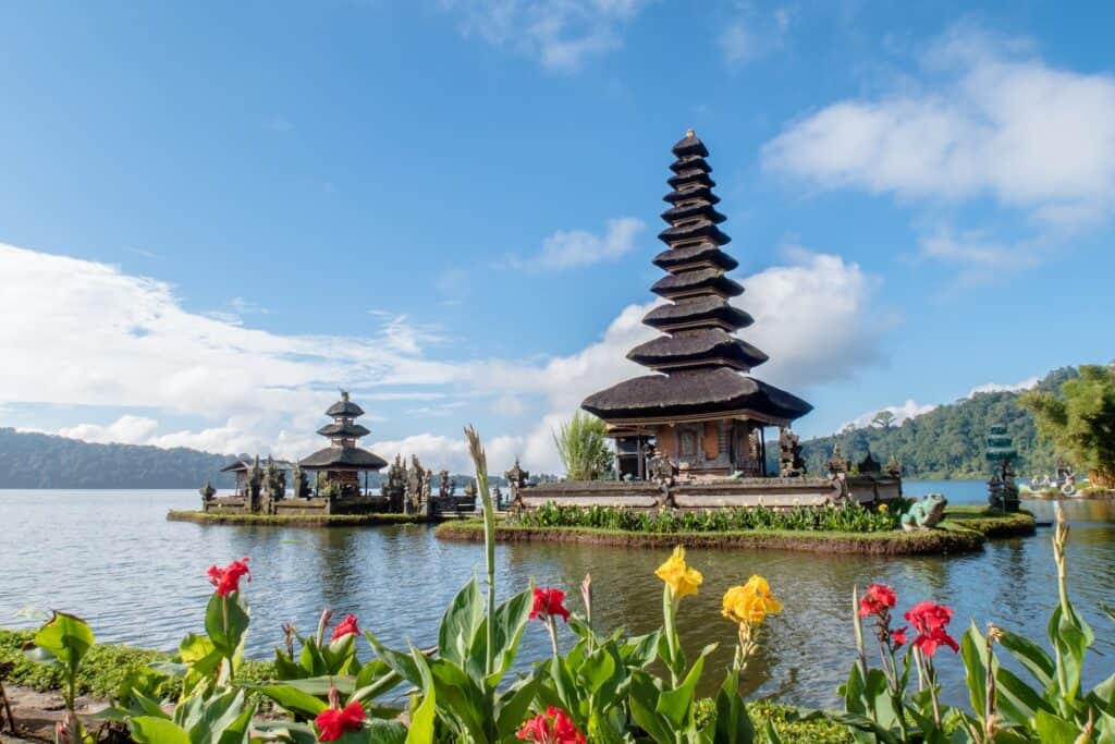 Pura Ulun Danu Bratan, Indonesia Bali temple on the lake with pyramid structure Balinese spirituality