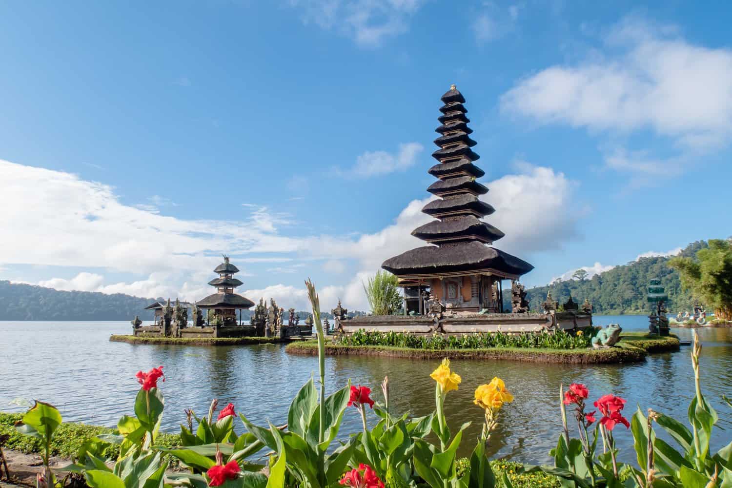 Pura Ulun Danu Bratan, Indonesia Bali temle on the lake with pyramid structure